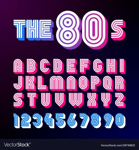 Eighties style retro font. 80's font design with shadow, disco style, alphabet and numbers ...