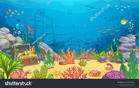 Cartoon Underwater Landscape Sunken Frigate Ship Stock Vector (Royalty ...