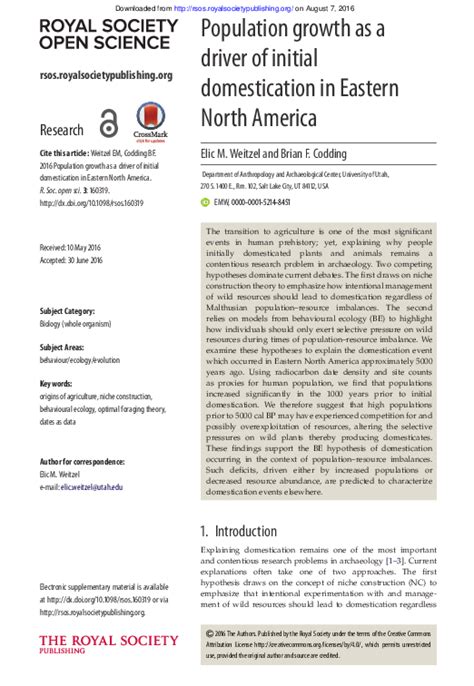 (PDF) Population growth as a driver of initial domestication in Eastern North America | Elic ...