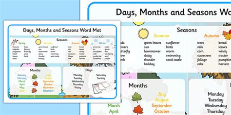 Days, Months and Seasons Word Mat