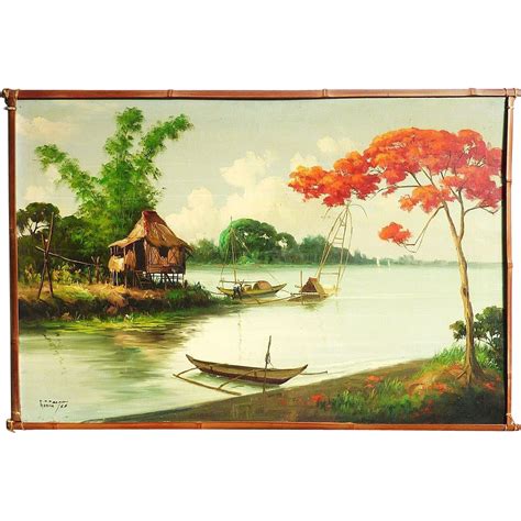 Filipino art tropical landscape painting dated 1968 signed R.P. Pasno ...