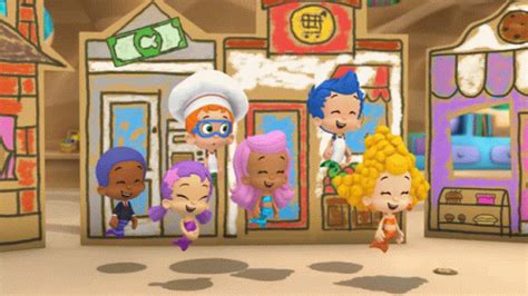 several cartoon characters standing in front of a store