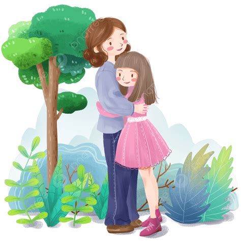 Mom Hugging Daughter Clipart Transparent Background, Hand Drawn Cartoon ...