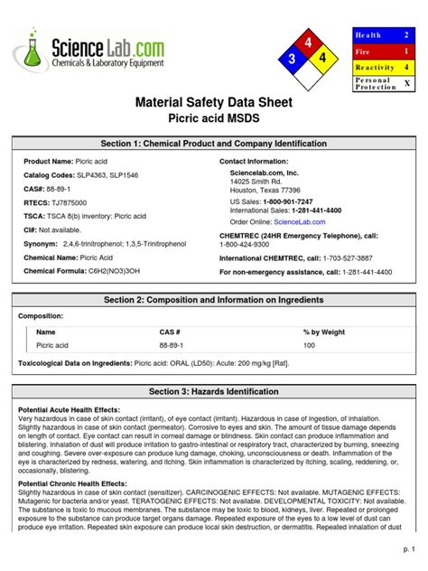 Material Safety Data Sheet: Picric Acid | PDF | Explosive Material ...