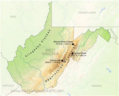 Physical map of West Virginia