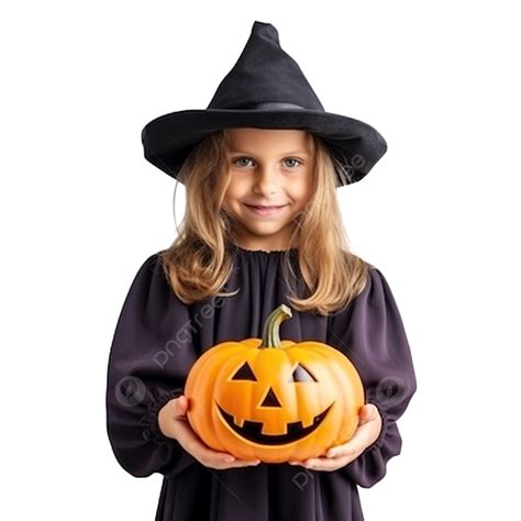 Halloween Pumpkin In The Hands Of A Child Dressed Up In A Witch Costume, Costume Party ...