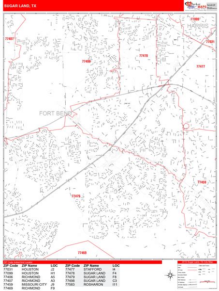 Sugar Land Texas Zip Code Wall Map (Red Line Style) by MarketMAPS