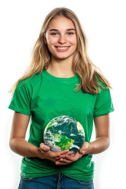 Premium Photo | A girl in a green shirt holds a globe in her hands