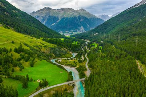 Inn River Flowing in the Forest in Switzerland. Aerial View from Drone ...