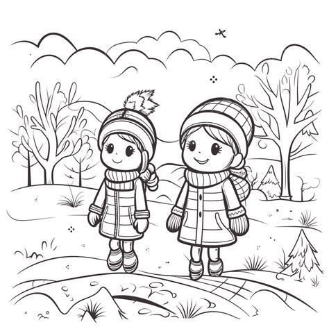 Coloring Pages Cute Winter Children Walking Outline Sketch Drawing ...