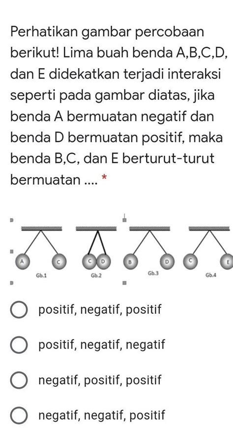 Biologi Perhatikan gambar percobaan berikut! Lima buah benda A,B,C,D, dan E didekatkan terjadi ...