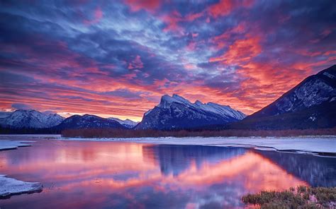 Winter, snow, lake, sky, clouds, sunset, glow, mountain wallpaper | nature and landscape ...