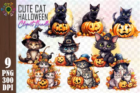 Cute Cat Halloween & Pumpkin Clipart PNG Graphic by MICON DESIGNS · Creative Fabrica