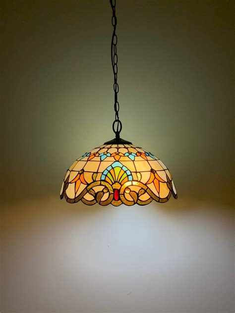 Crown Tiffany Hanging Lamp, Leadglass Stained Glass Shade, Crystal Bead Lamp Shade, Antique ...