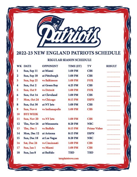 Patriots Printable Schedule 2022-23