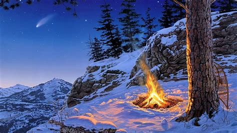 HD wallpaper: atmosphere, fire, snow shoes, painting, campfire, shooting star | Wallpaper Flare