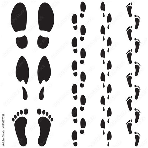 Footprint icons set. Male, female, barefoot. Footprints trail. Flat ...