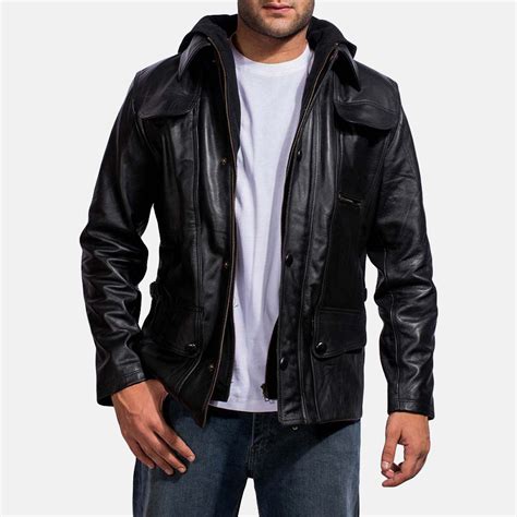 Men's Moulder Hooded Black Leather Jacket