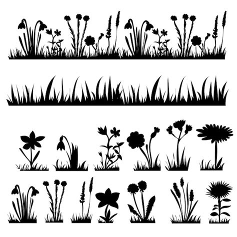 Silueta negra de pasto y plantas | Vector Premium