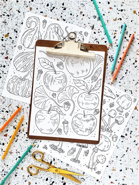 Fall Harvests Coloring Pages | Printable Apples, Gourds + Mushrooms ...