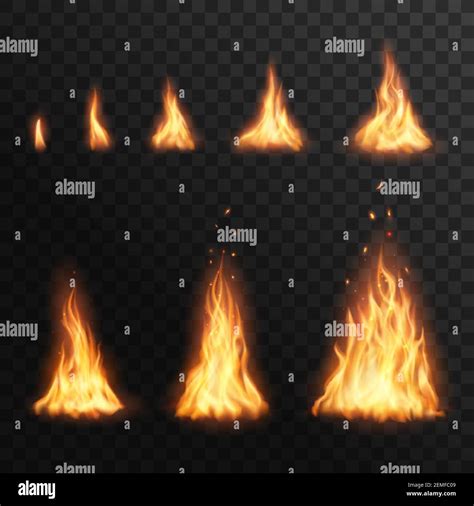 Flaring up fire stages, Vector burning campfire blaze effect for ...