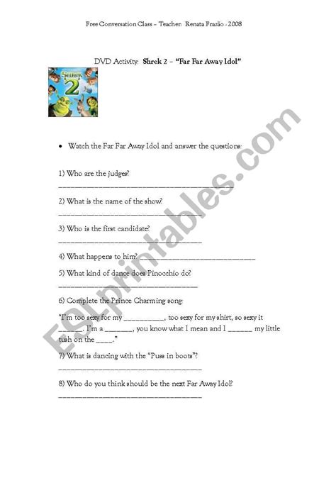 Shrek 2 - Far Far Away Idol - ESL worksheet by renatafrazao