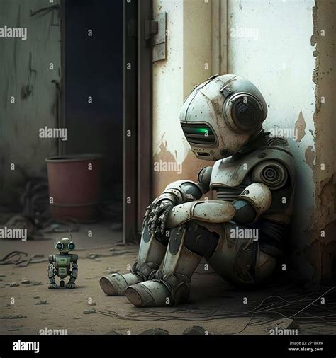 Dystopian Art Sad Robot Sitting on the Ground next to a Small Robot Stock Photo - Alamy