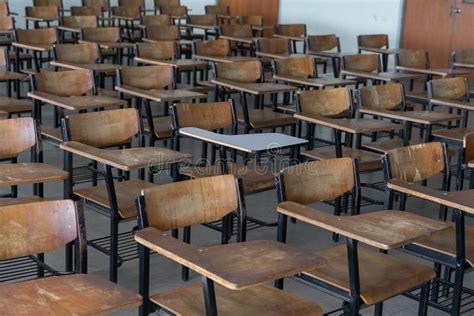 Empty Classroom with Wooden Chairs Stock Photo - Image of desks, class ...