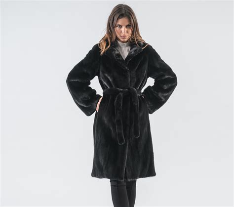 Black Mink Fur Coat With Belt - 100% Real Fur - Haute Acorn