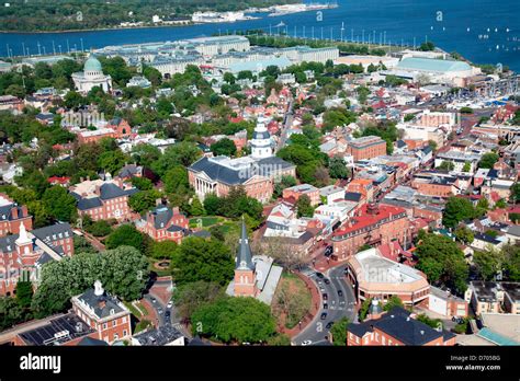 Aerial of the Colonial Annapolis Historic District near the State House of Maryland with the ...