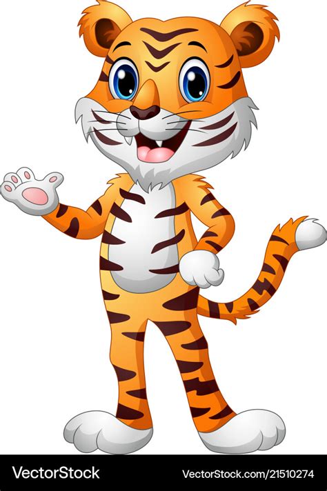 Funny tiger cartoon waving hand Royalty Free Vector Image