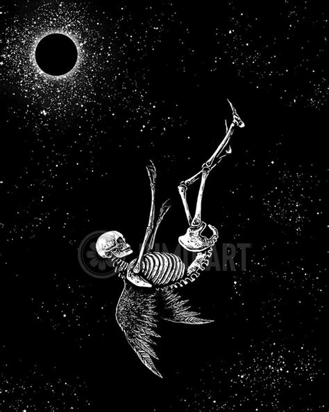 Fallen. Art Print. Angel Skeleton Falling From Sky. Eclipse, Sun and Moon, Dark Surreal Art ...