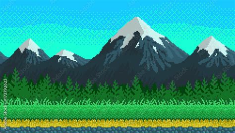 Pixel art seamless background with mountains. vector de Stock | Adobe Stock