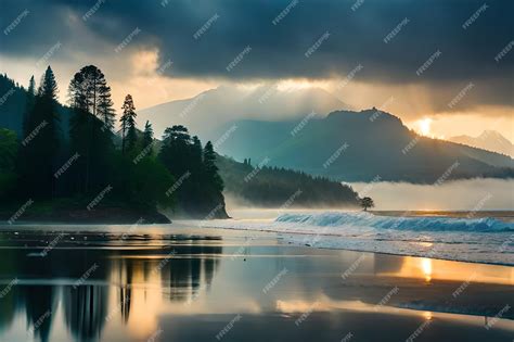 Premium AI Image | a sunset over a mountain lake with a mountain in the background.