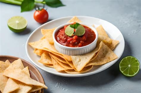 Premium Photo | A bowl of salsa with chips and salsa on a plate.