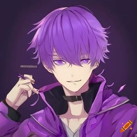 Anime guy with purple hair, purple eyes, and a purple jacket on Craiyon