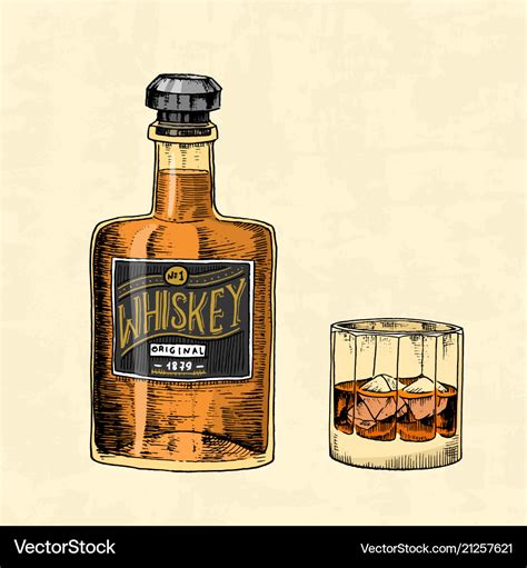 Vintage whiskey bottle with label and a glass Vector Image