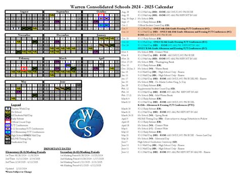 Warren Consolidated Schools Calendar 2024-2025 in PDF