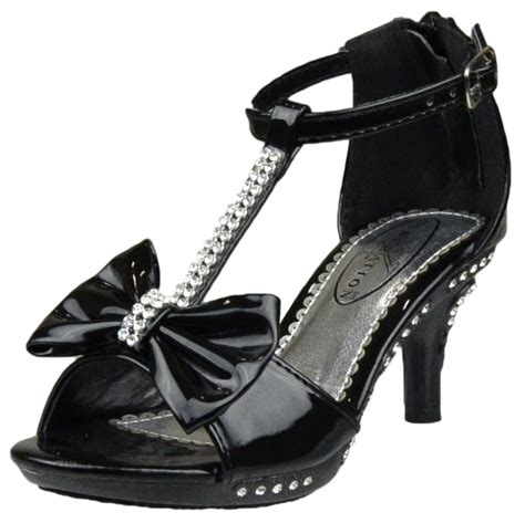 Girl's T-Strap Rhinestone Bow Open Toe High Heel Dress Shoes Black Size ...