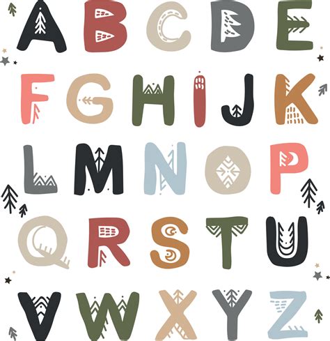 Original alphabet in Scandinavian style. Ethnic letters for teaching children. Hand-drawn forest ...