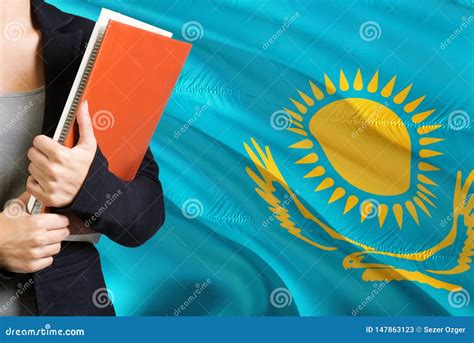 Learning Kazakh Language Concept. Young Woman Standing With The Kazakhstan Flag In The ...