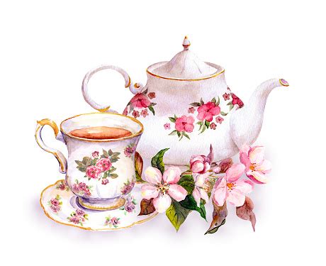 Tea Cup And Teapot With Flowers Vintage Watercolor Design Stock Illustration - Download Image ...