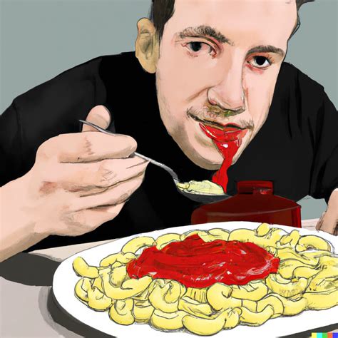 Paul eating macaroni with ketchup, digital art | DALL·E 2 | OpenArt