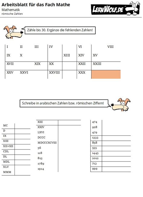 Kostenlose Übungsblätter zum Thema römische Zahlen - lernwolf.de