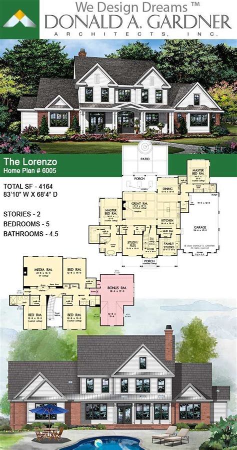 two story house plans with an attached garage and pool in the front, one floor plan for