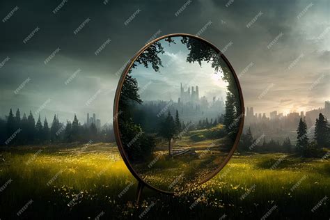 Premium Photo | Mirror in a field make a portal to another world