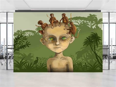 Boy Living In The Forest, Custom Wallpaper, Wallpaper Wall Art, Boy And Monkeys Wall Art, 3d ...