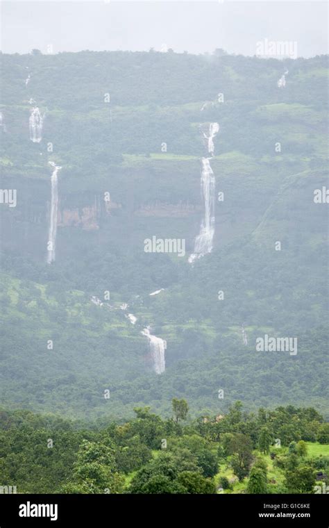 Waterfall during monsoon in Sahyadri range in Maharashtra near Lonavala, Pune and coastal road ...