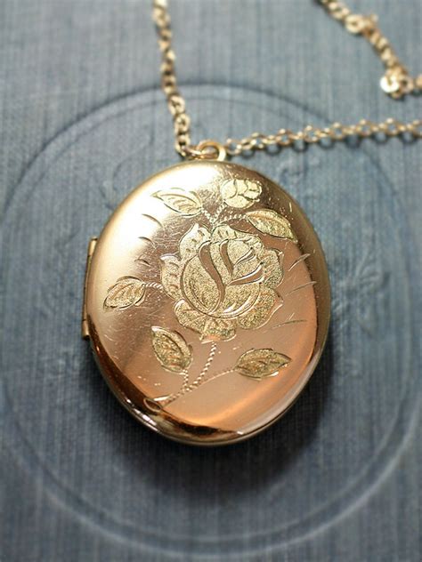Large Gold Filled Oval Locket Necklace, Rose Engraved Vintage Photo Pendant - Golden Adornment