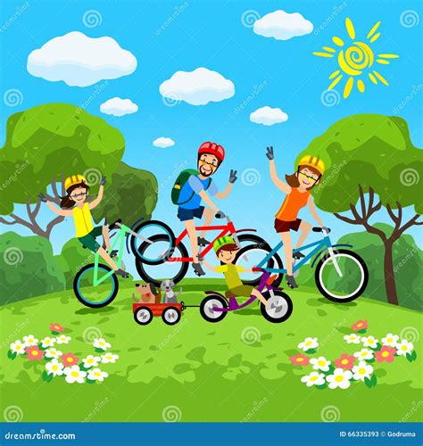 Family with Kids Concept of Cycling in the Park. Happy Family Riding Bikes Stock Vector ...